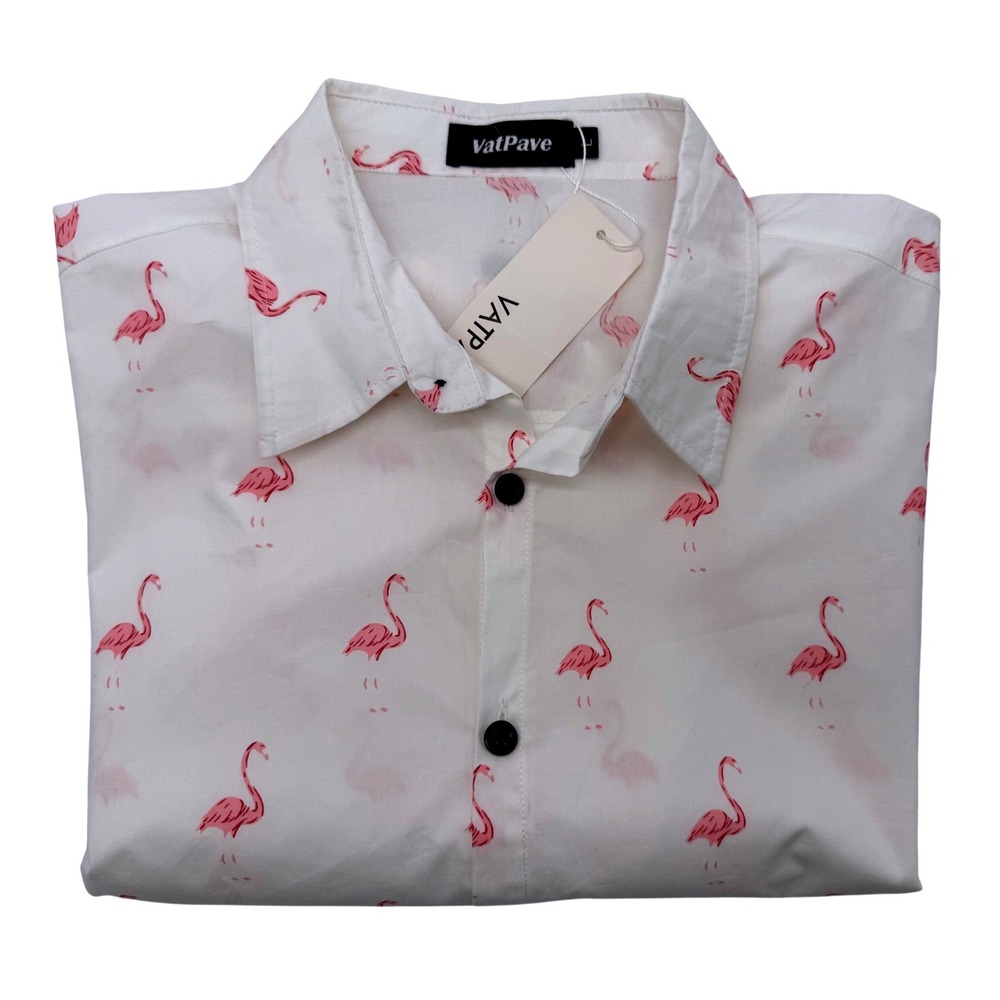 NWT Men's Vatpave Button Down Short Sleeve‎ Flamingos Summer Shirt Size L